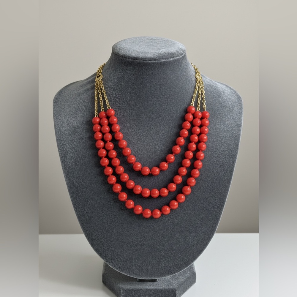 Banana Republic Triple Strand Coral Beaded Necklace Twisted Gold Rope Chain 20”